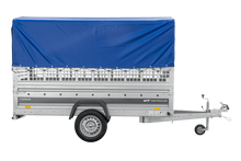 Laden Sie das Bild in den Galerie-Viewer, Autotransportanhänger 264×125 UNITRAILER FORCE 264 KIPP mit Gitterwänden, H-800 Rahmen und blauer Plane-Neu