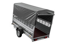 Laden Sie das Bild in den Galerie-Viewer, Autotransportanhänger 264×125 UNITRAILER FORCE 264 KIPP mit Gitterwänden, H-800 Rahmen und grauer Plane-Neu