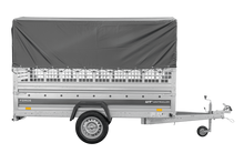 Laden Sie das Bild in den Galerie-Viewer, Autotransportanhänger 264×125 UNITRAILER FORCE 264 KIPP mit Gitterwänden, H-800 Rahmen und grauer Plane-Neu