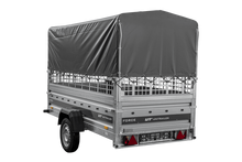 Laden Sie das Bild in den Galerie-Viewer, Autotransportanhänger 264×125 UNITRAILER FORCE 264 KIPP mit Gitterwänden, H-800 Rahmen und grauer Plane-Neu