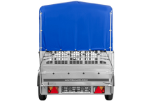 Laden Sie das Bild in den Galerie-Viewer, Autotransportanhänger auf Blattfedern 264×125 UNITRAILER GARDEN 264/R KIPP mit Gitterwänden, H-800 Rahmen und blauer Plane-Neu