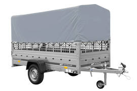 Autotransportanhänger auf Blattfedern 264×125 UNITRAILER GARDEN 264/R KIPP mit Gitterwänden, H-800 Rahmen und grauer Plane-Neu