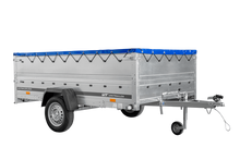 Laden Sie das Bild in den Galerie-Viewer, Autotransportanhänger auf Blattfedern 264×150 UNITRAILER GARDEN 265/R KIPP mit BIS-Seitenwänden, H-0-Rahmen und blauer Plane-Neu