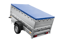 Laden Sie das Bild in den Galerie-Viewer, Autotransportanhänger auf Federn 230×125 UNITRAILER FORCE 230/R KIPP mit BIS-Seitenwänden, H-0-Rahmen und blauer Plane-Neu