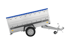 Laden Sie das Bild in den Galerie-Viewer, Autotransportanhänger auf Federn 230×125 UNITRAILER FORCE 230/R KIPP mit BIS-Seitenwänden, H-0-Rahmen und blauer Plane-Neu