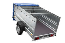 Laden Sie das Bild in den Galerie-Viewer, Autotransportanhänger auf Federn 230×125 UNITRAILER FORCE 230/R KIPP mit BIS-Seitenwänden, H-0-Rahmen und blauer Plane-Neu