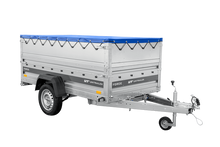 Laden Sie das Bild in den Galerie-Viewer, Autotransportanhänger auf Federn 230×125 UNITRAILER FORCE 230/R KIPP mit BIS-Seitenwänden, H-0-Rahmen und blauer Plane-Neu