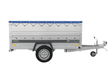 Laden Sie das Bild in den Galerie-Viewer, Autotransportanhänger auf Federn 230×125 UNITRAILER FORCE 230/R KIPP mit BIS-Seitenwänden, H-0-Rahmen und blauer Plane-Neu