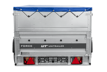 Laden Sie das Bild in den Galerie-Viewer, Autotransportanhänger auf Federn 230×125 UNITRAILER FORCE 230/R KIPP mit BIS-Seitenwänden, H-0-Rahmen und blauer Plane-Neu