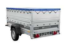 Laden Sie das Bild in den Galerie-Viewer, Autotransportanhänger auf Federn 230×125 UNITRAILER FORCE 230/R KIPP mit BIS-Seitenwänden, H-0-Rahmen und blauer Plane-Neu