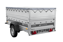 Laden Sie das Bild in den Galerie-Viewer, Autotransportanhänger auf Federn 230×125 UNITRAILER FORCE 230/R KIPP mit BIS-Seitenwänden, H-0-Rahmen und grauer Plane-Neu