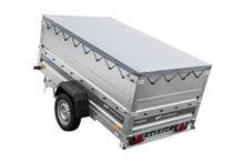 Laden Sie das Bild in den Galerie-Viewer, Autotransportanhänger auf Federn 230×125 UNITRAILER FORCE 230/R KIPP mit BIS-Seitenwänden, H-0-Rahmen und grauer Plane-Neu