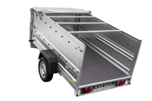 Laden Sie das Bild in den Galerie-Viewer, Autotransportanhänger auf Federn 230×125 UNITRAILER FORCE 230/R KIPP mit BIS-Seitenwänden, H-0-Rahmen und grauer Plane-Neu