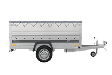 Laden Sie das Bild in den Galerie-Viewer, Autotransportanhänger auf Federn 230×125 UNITRAILER FORCE 230/R KIPP mit BIS-Seitenwänden, H-0-Rahmen und grauer Plane-Neu