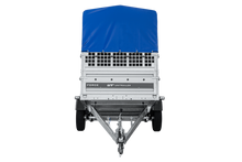 Laden Sie das Bild in den Galerie-Viewer, Autotransportanhänger auf Federn 230×125 UNITRAILER FORCE 230/R KIPP mit Gitterwänden, H-800 Rahmen und blauer Plane-Neu