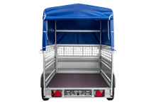 Laden Sie das Bild in den Galerie-Viewer, Autotransportanhänger auf Federn 230×125 UNITRAILER FORCE 230/R KIPP mit Gitterwänden, H-800 Rahmen und blauer Plane-Neu