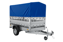 Laden Sie das Bild in den Galerie-Viewer, Autotransportanhänger auf Federn 230×125 UNITRAILER FORCE 230/R KIPP mit Gitterwänden, H-800 Rahmen und blauer Plane-Neu