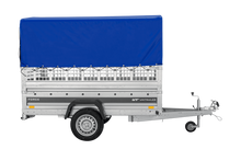 Laden Sie das Bild in den Galerie-Viewer, Autotransportanhänger auf Federn 230×125 UNITRAILER FORCE 230/R KIPP mit Gitterwänden, H-800 Rahmen und blauer Plane-Neu