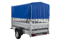 Laden Sie das Bild in den Galerie-Viewer, Autotransportanhänger auf Federn 230×125 UNITRAILER FORCE 230/R KIPP mit Gitterwänden, H-800 Rahmen und blauer Plane-Neu