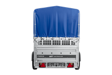 Laden Sie das Bild in den Galerie-Viewer, Autotransportanhänger auf Federn 230×125 UNITRAILER FORCE 230/R KIPP mit Gitterwänden, H-800 Rahmen und blauer Plane-Neu
