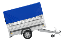 Laden Sie das Bild in den Galerie-Viewer, Autotransportanhänger auf Federn 230×125 UNITRAILER FORCE 230/R KIPP mit Gitterwänden, H-800 Rahmen und blauer Plane-Neu