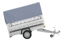 Laden Sie das Bild in den Galerie-Viewer, Autotransportanhänger auf Federn 230×125 UNITRAILER FORCE 230/R KIPP mit Gitterwänden, H-800 Rahmen und grauer Plane-Neu