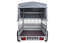 Laden Sie das Bild in den Galerie-Viewer, Autotransportanhänger auf Federn 230×125 UNITRAILER FORCE 230/R KIPP mit Gitterwänden, H-800 Rahmen und grauer Plane-Neu