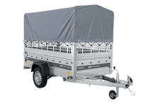 Laden Sie das Bild in den Galerie-Viewer, Autotransportanhänger auf Federn 230×125 UNITRAILER FORCE 230/R KIPP mit Gitterwänden, H-800 Rahmen und grauer Plane-Neu