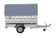 Laden Sie das Bild in den Galerie-Viewer, Autotransportanhänger auf Federn 230×125 UNITRAILER FORCE 230/R KIPP mit Gitterwänden, H-800 Rahmen und grauer Plane-Neu