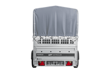 Laden Sie das Bild in den Galerie-Viewer, Autotransportanhänger auf Federn 230×125 UNITRAILER FORCE 230/R KIPP mit Gitterwänden, H-800 Rahmen und grauer Plane-Neu