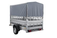 Laden Sie das Bild in den Galerie-Viewer, Autotransportanhänger auf Federn 230×125 UNITRAILER FORCE 230/R KIPP mit Gitterwänden, H-800 Rahmen und grauer Plane-Neu