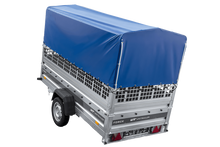 Laden Sie das Bild in den Galerie-Viewer, Autotransportanhänger auf Federn 264×125 UNITRAILER FORCE 264/R KIPP mit Gitterwänden, H-800 Rahmen und blauer Plane-Neu