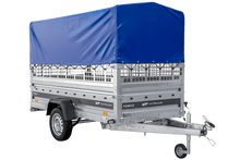 Laden Sie das Bild in den Galerie-Viewer, Autotransportanhänger auf Federn 264×125 UNITRAILER FORCE 264/R KIPP mit Gitterwänden, H-800 Rahmen und blauer Plane-Neu