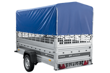 Laden Sie das Bild in den Galerie-Viewer, Autotransportanhänger auf Federn 264×125 UNITRAILER FORCE 264/R KIPP mit Gitterwänden, H-800 Rahmen und blauer Plane-Neu