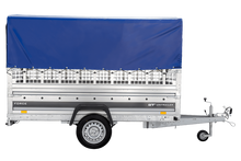 Laden Sie das Bild in den Galerie-Viewer, Autotransportanhänger auf Federn 264×125 UNITRAILER FORCE 264/R KIPP mit Gitterwänden, H-800 Rahmen und blauer Plane-Neu