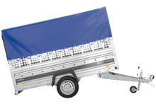 Laden Sie das Bild in den Galerie-Viewer, Autotransportanhänger auf Federn 264×125 UNITRAILER FORCE 264/R KIPP mit Gitterwänden, H-800 Rahmen und blauer Plane-Neu