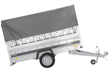 Laden Sie das Bild in den Galerie-Viewer, Autotransportanhänger auf Federn 264×125 UNITRAILER FORCE 264/R KIPP mit Gitterwänden, H-800 Rahmen und grauer Plane-Neu