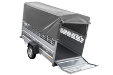 Laden Sie das Bild in den Galerie-Viewer, Autotransportanhänger auf Federn 264×125 UNITRAILER FORCE 264/R KIPP mit Gitterwänden, H-800 Rahmen und grauer Plane-Neu