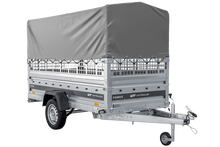 Laden Sie das Bild in den Galerie-Viewer, Autotransportanhänger auf Federn 264×125 UNITRAILER FORCE 264/R KIPP mit Gitterwänden, H-800 Rahmen und grauer Plane-Neu