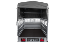 Laden Sie das Bild in den Galerie-Viewer, Autotransportanhänger auf Federn 264×125 UNITRAILER FORCE 264/R KIPP mit Gitterwänden, H-800 Rahmen und grauer Plane-Neu