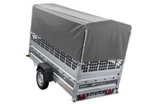 Laden Sie das Bild in den Galerie-Viewer, Autotransportanhänger auf Federn 264×125 UNITRAILER FORCE 264/R KIPP mit Gitterwänden, H-800 Rahmen und grauer Plane-Neu