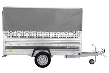 Laden Sie das Bild in den Galerie-Viewer, Autotransportanhänger auf Federn 264×125 UNITRAILER FORCE 264/R KIPP mit Gitterwänden, H-800 Rahmen und grauer Plane-Neu