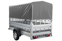 Laden Sie das Bild in den Galerie-Viewer, Autotransportanhänger auf Federn 264×125 UNITRAILER FORCE 264/R KIPP mit Gitterwänden, H-800 Rahmen und grauer Plane-Neu