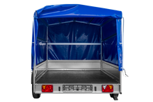 Laden Sie das Bild in den Galerie-Viewer, Autotransportanhänger auf Federn 264×150 UNITRAILER GARDEN 265/R KIPP mit H-1100 Rahmen und blauer Plane-Neu