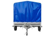 Laden Sie das Bild in den Galerie-Viewer, Autotransportanhänger auf Federn 264×150 UNITRAILER GARDEN 265/R KIPP mit H-1100 Rahmen und blauer Plane-Neu