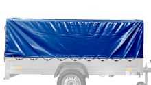 Laden Sie das Bild in den Galerie-Viewer, Autotransportanhänger 264×125 UNITRAILER FORCE 264 KIPP mit Gitterwänden, H-800 Rahmen und blauer Plane-Neu