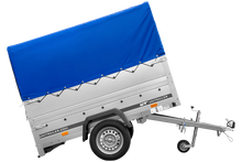 Laden Sie das Bild in den Galerie-Viewer, Einachsanhänger 200×125 UNITRAILER GARDEN 201 KIPP mit BIS-Seitenwänden, H-800-Rahmen und blauer Plane-Neu