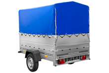 Laden Sie das Bild in den Galerie-Viewer, Einachsanhänger 200×125 UNITRAILER GARDEN 201 KIPP mit BIS-Seitenwänden, H-800-Rahmen und blauer Plane-Neu