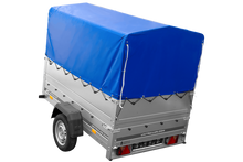 Laden Sie das Bild in den Galerie-Viewer, Einachsanhänger 200×125 UNITRAILER GARDEN 201 KIPP mit BIS-Seitenwänden, H-800-Rahmen und blauer Plane-Neu