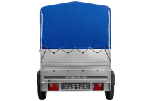 Laden Sie das Bild in den Galerie-Viewer, Einachsanhänger 200×125 UNITRAILER GARDEN 201 KIPP mit BIS-Seitenwänden, H-800-Rahmen und blauer Plane-Neu